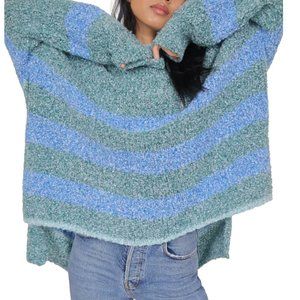 Free People Large BRB oversized sweater striped mock neck blue green (M/L/XL)